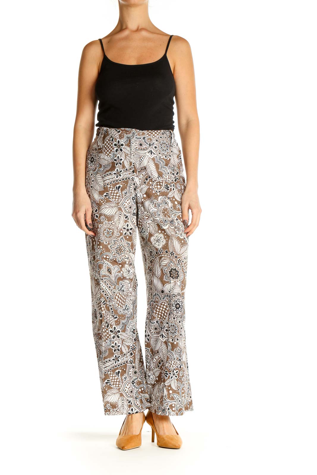 Beige Floral Print Retro Trousers