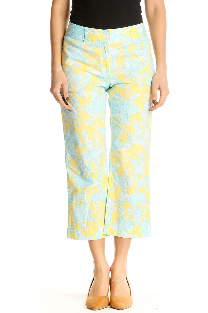 Yellow Floral Print Casual Trousers