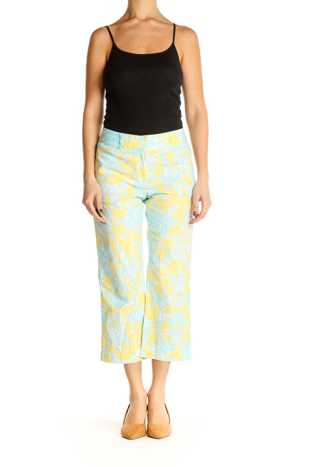 Yellow Floral Print Casual Trousers