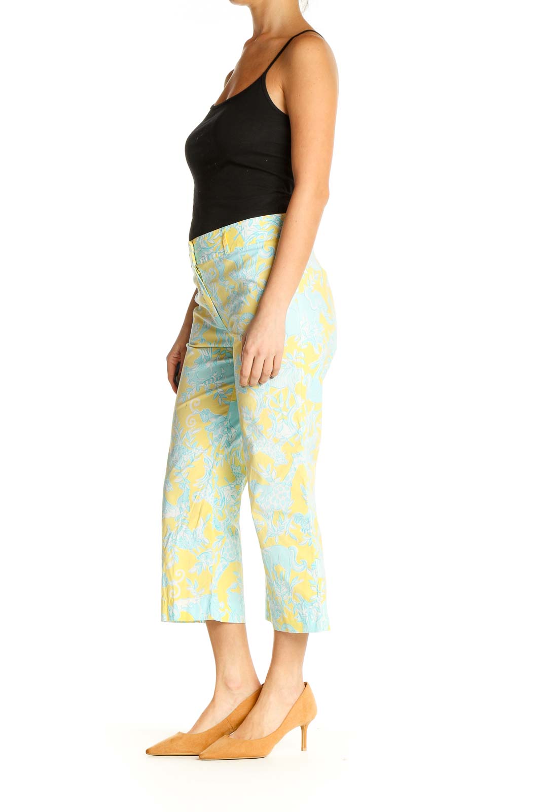 Yellow Floral Print Casual Trousers