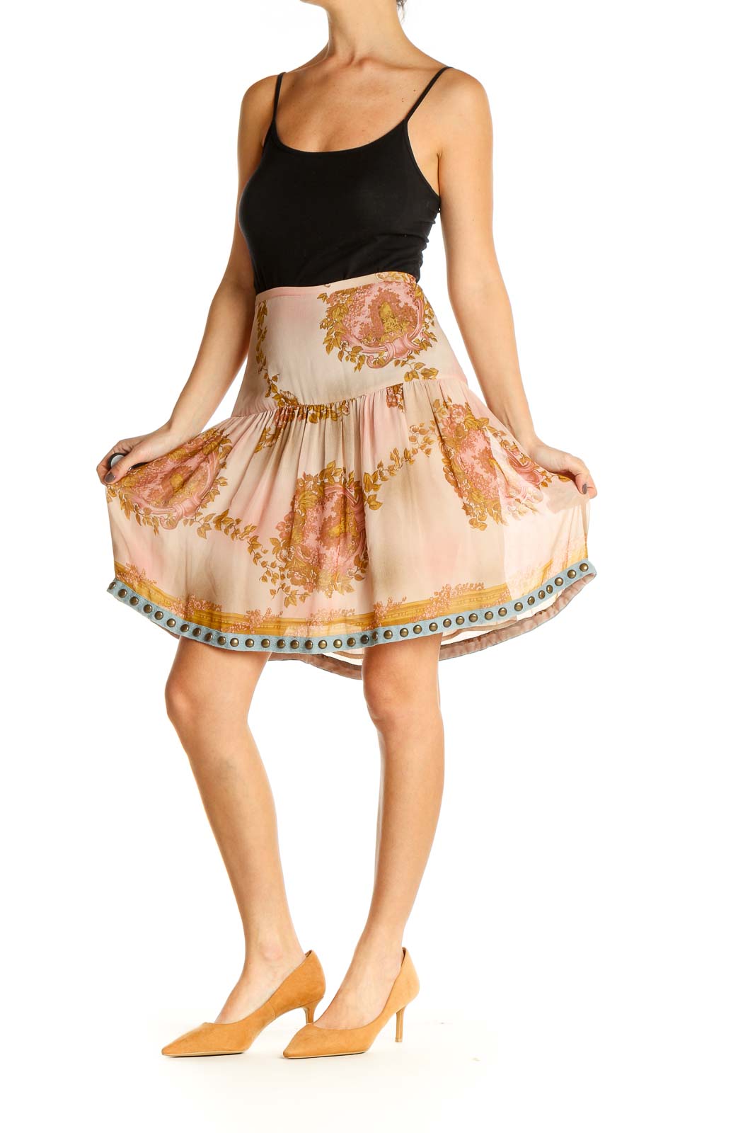 Beige Printed Chic A-Line Skirt