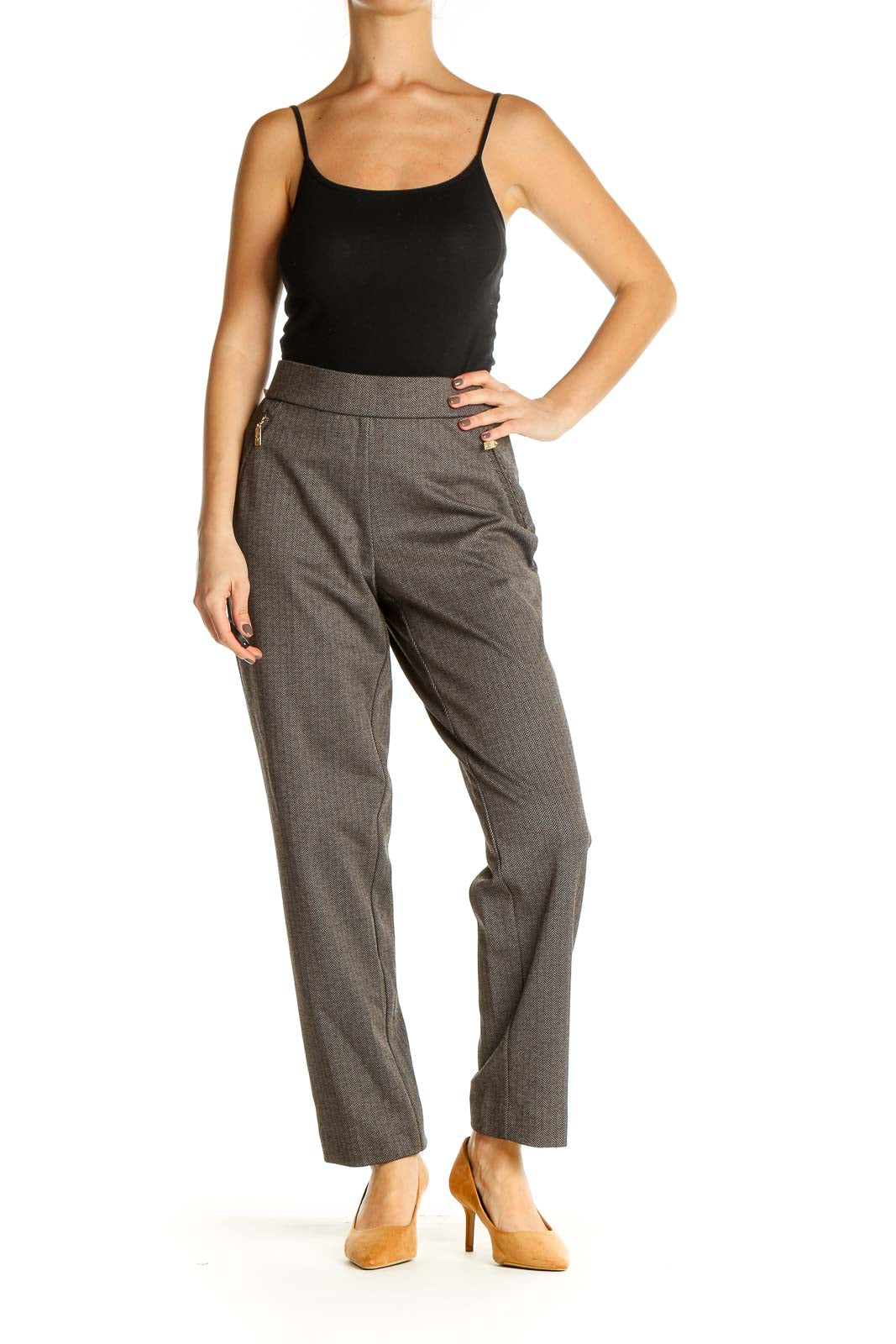 Gray Solid Retro Trousers