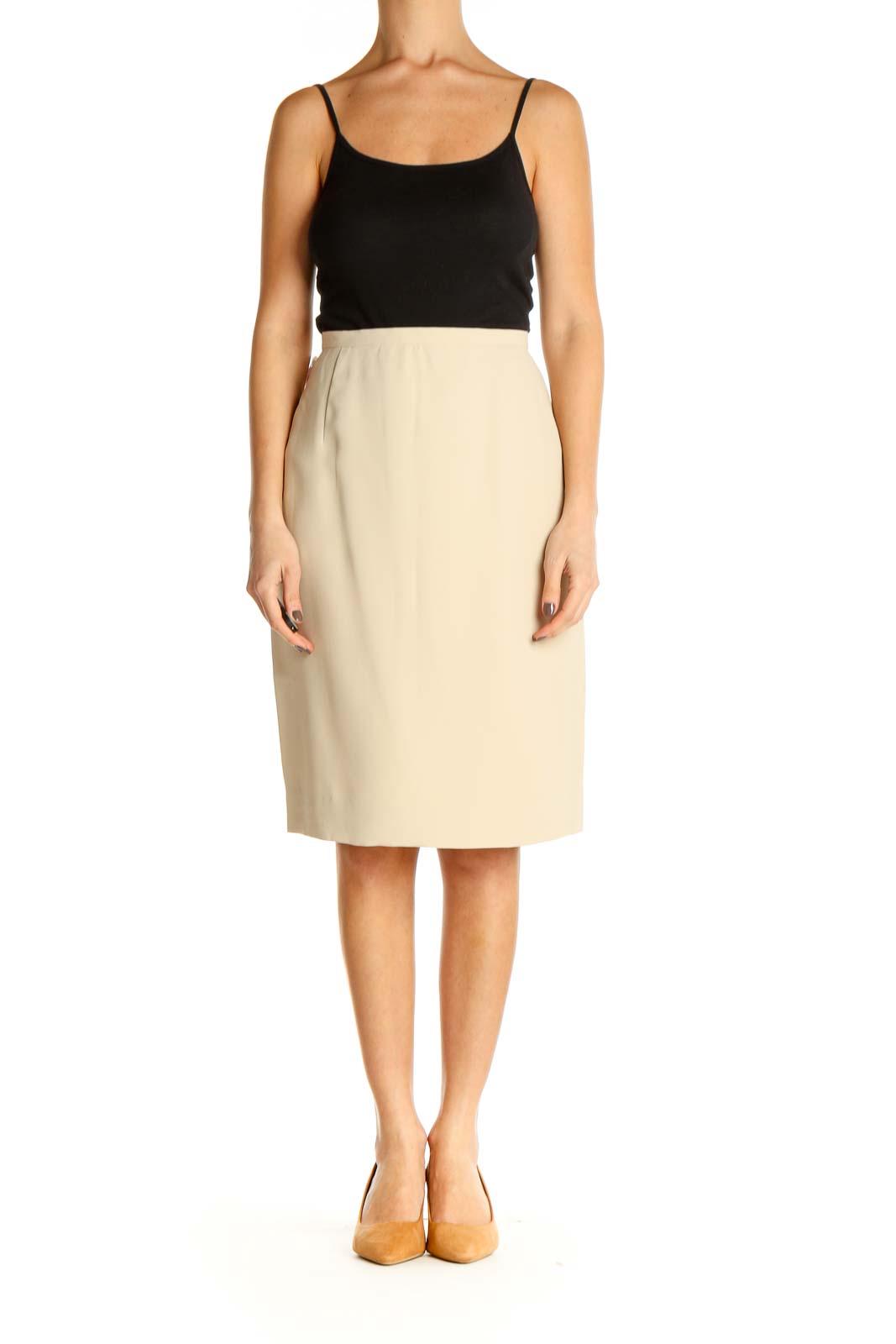 Beige Solid Classic Pencil Skirt