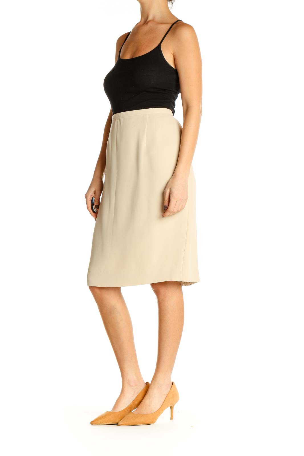 Beige Solid Classic Pencil Skirt