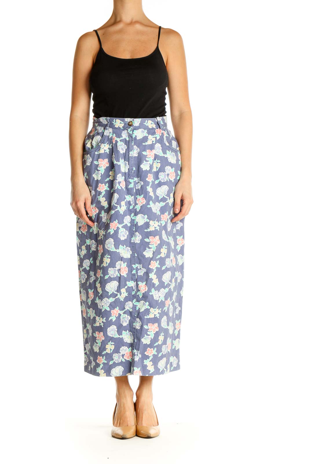 Blue Floral Print Holiday Straight Skirt