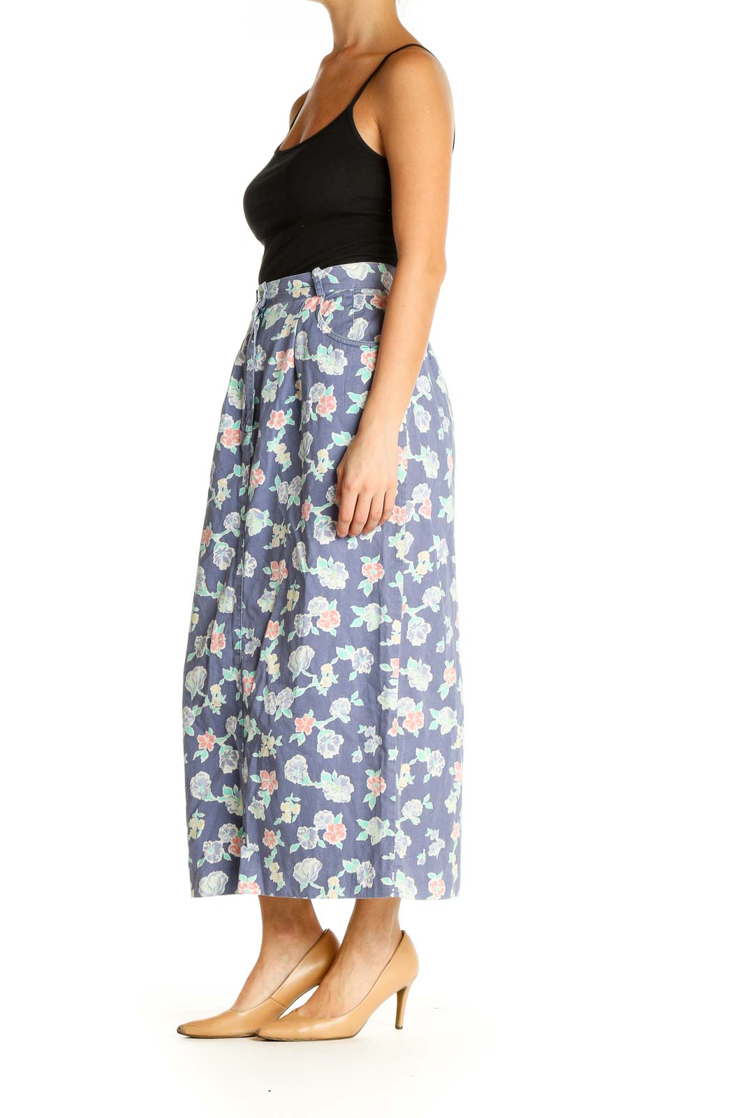 Blue Floral Print Holiday Straight Skirt