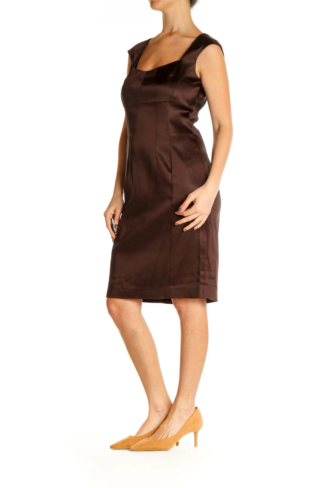 Brown Solid Classic Sheath Dress