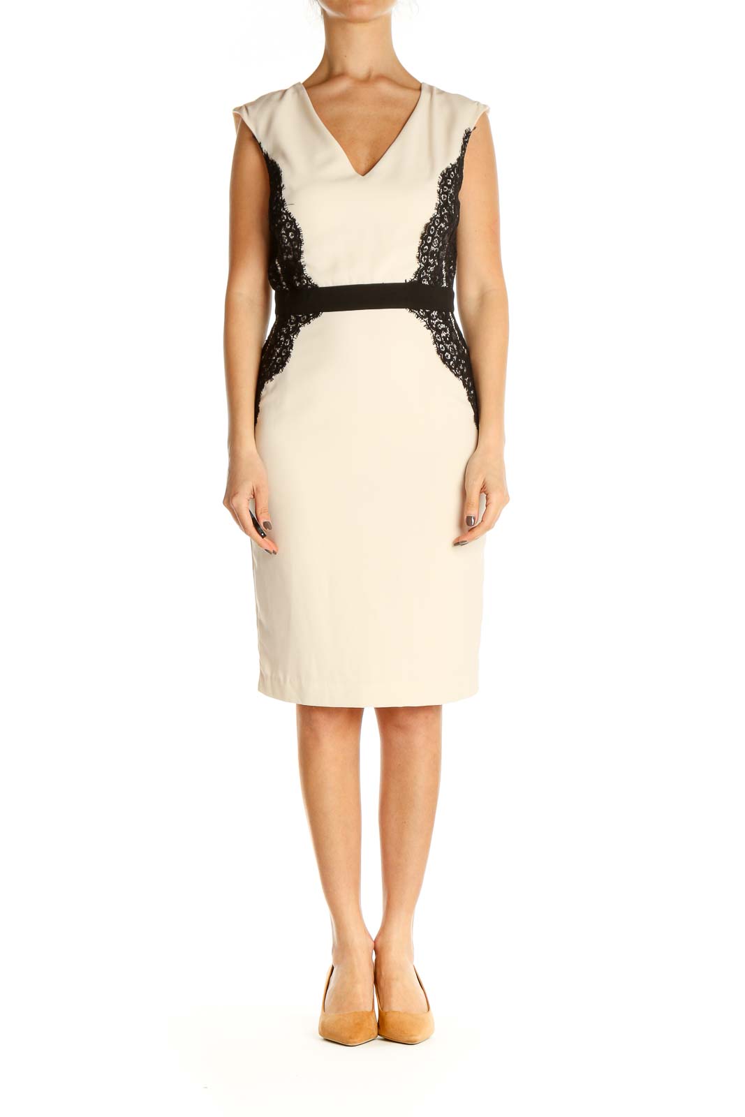 Beige Solid Work Sheath Dress