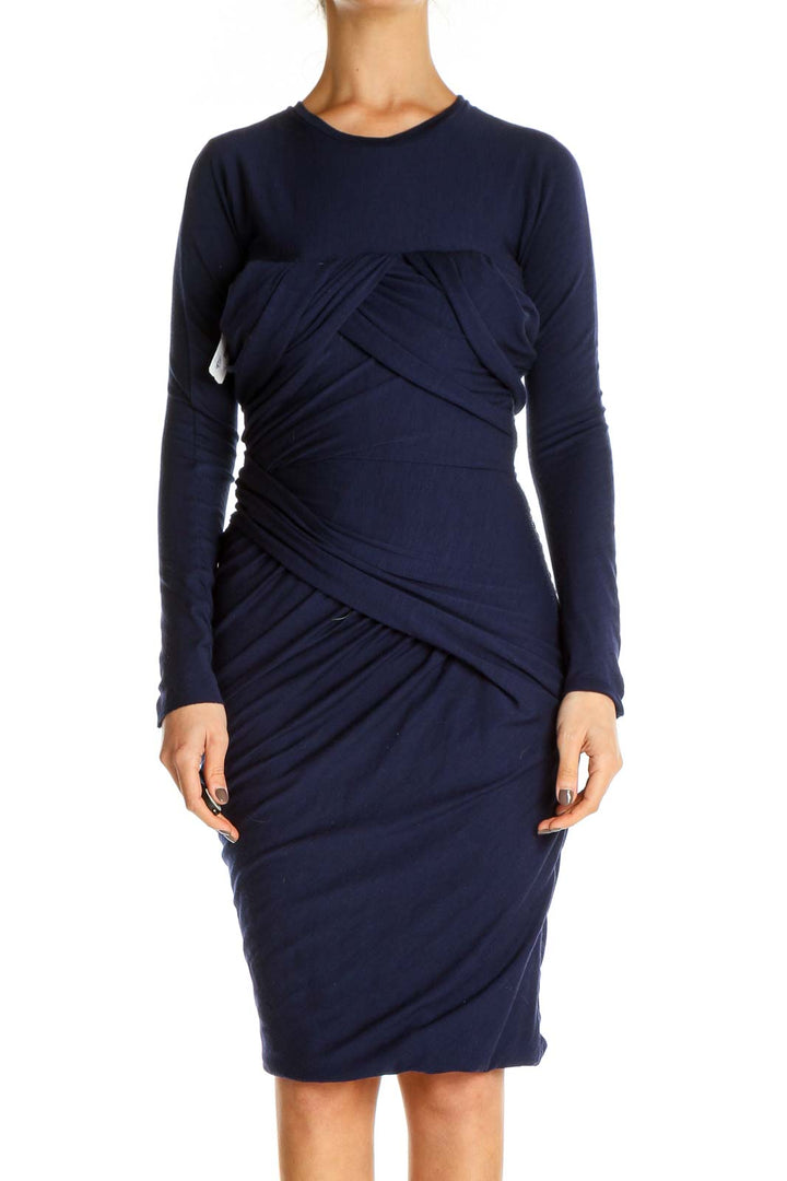 Blue Solid Classic Sheath Dress