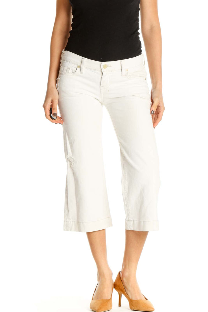 White Textured Casual Capri Pants