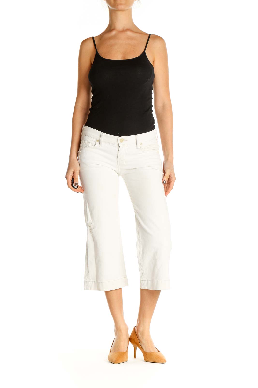 White Textured Casual Capri Pants