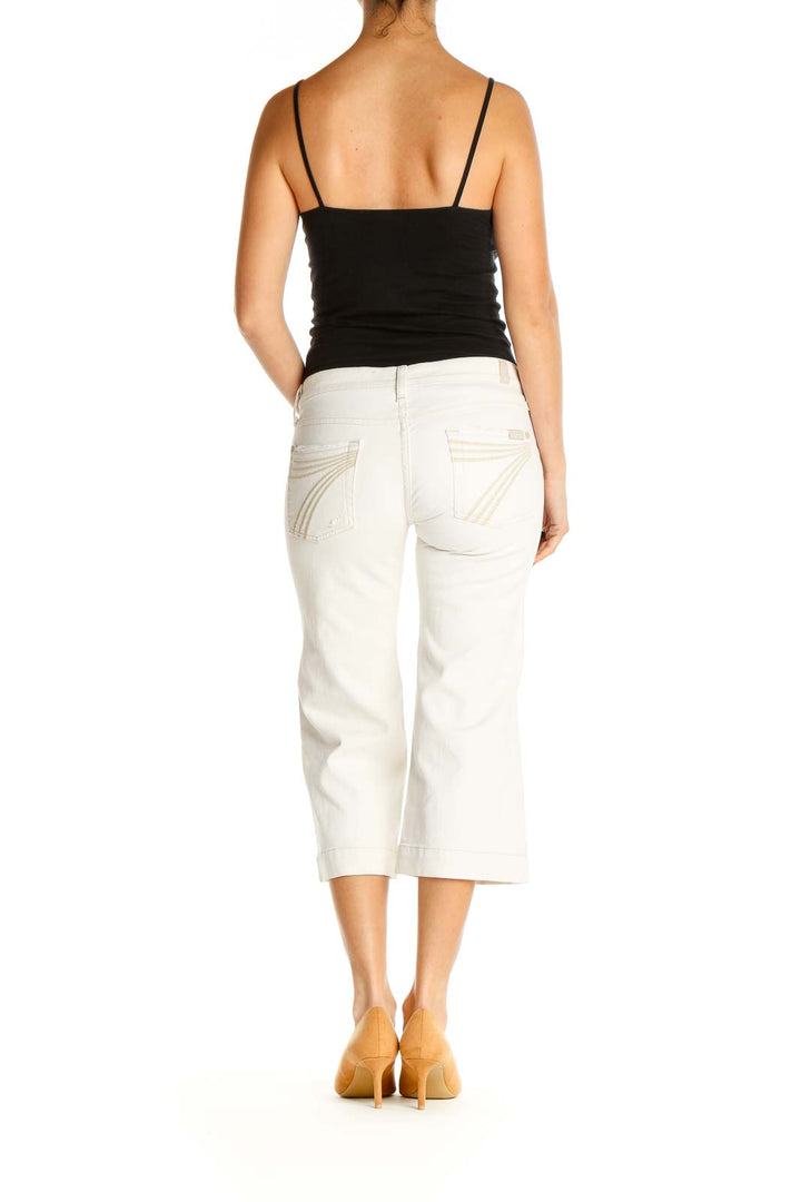 White Textured Casual Capri Pants