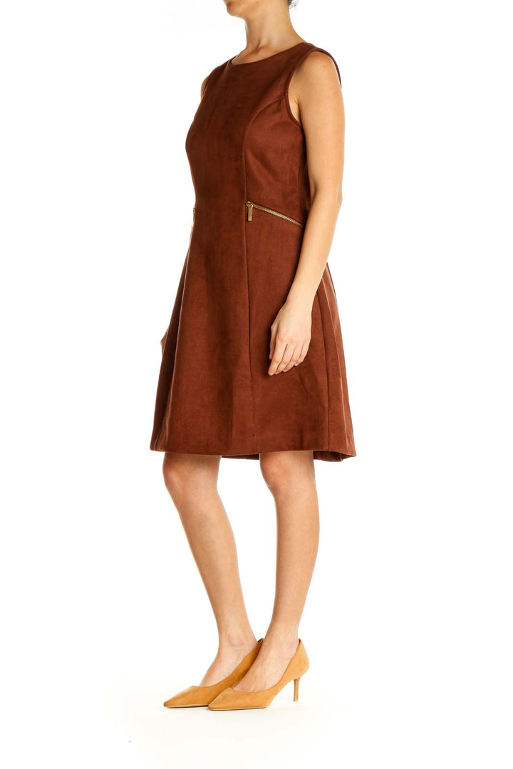 Brown Solid Classic A-Line Dress