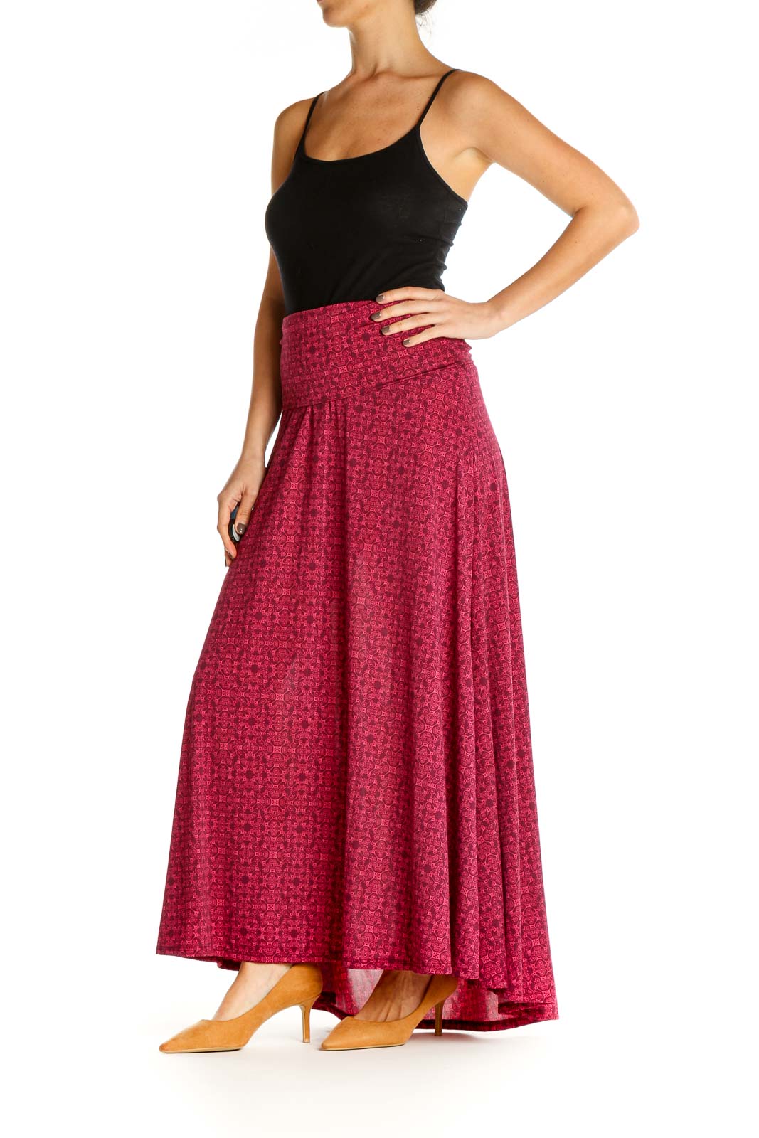 Pink Printed Retro Flared Skirt