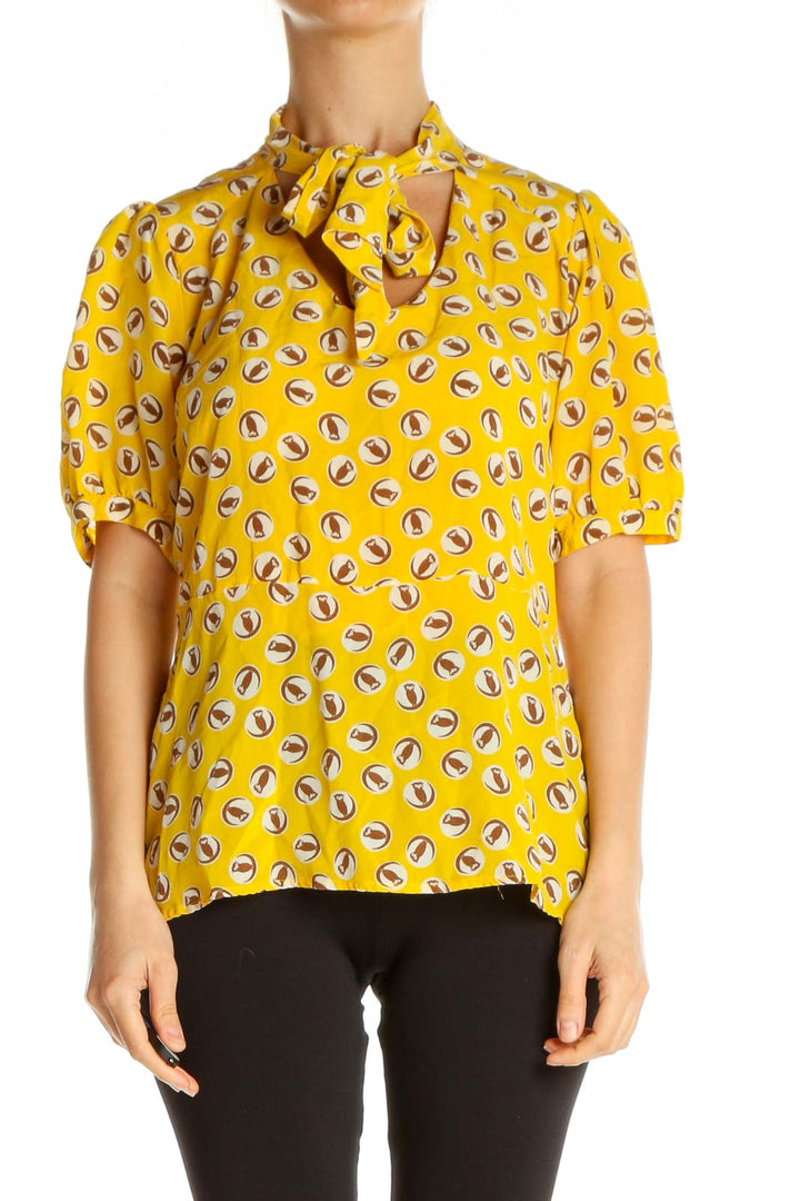 Yellow Silk Object Print Retro Shirt