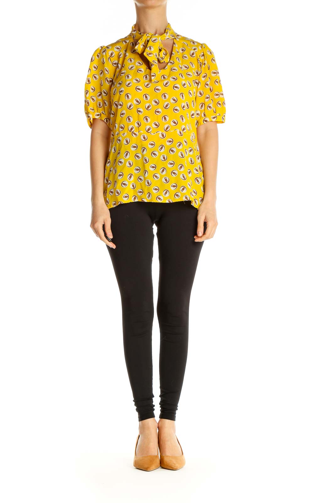 Yellow Silk Object Print Retro Shirt