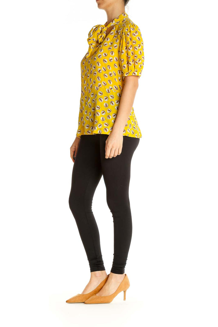 Yellow Silk Object Print Retro Shirt