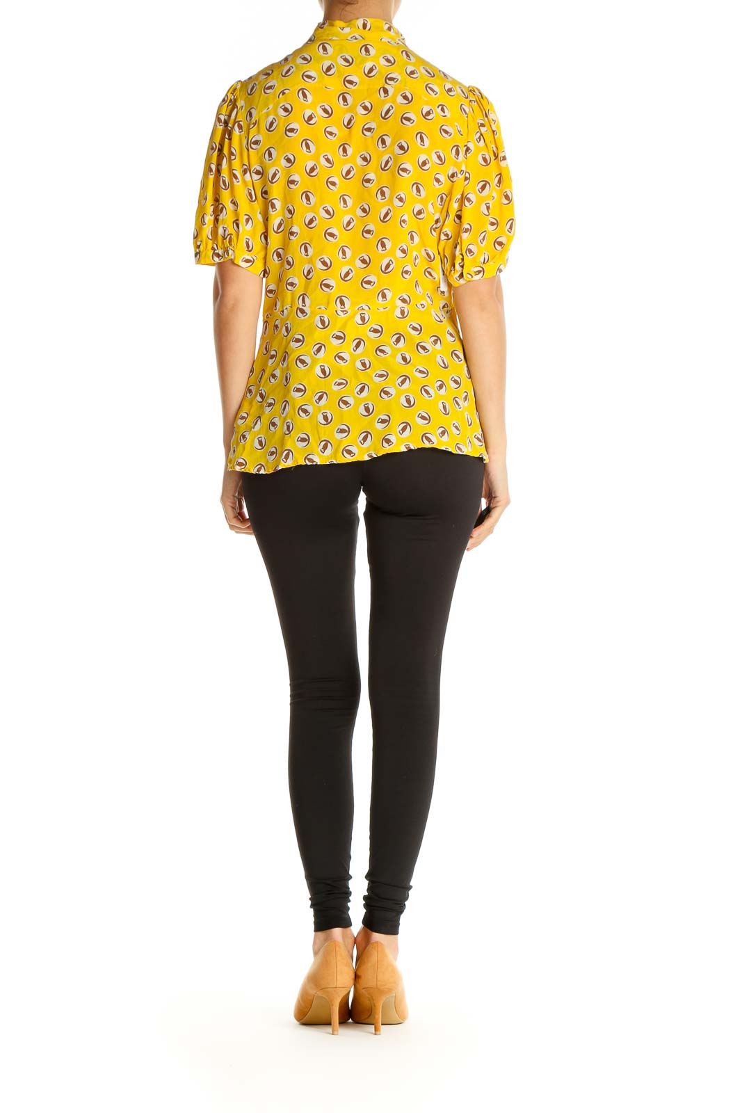 Yellow Silk Object Print Retro Shirt