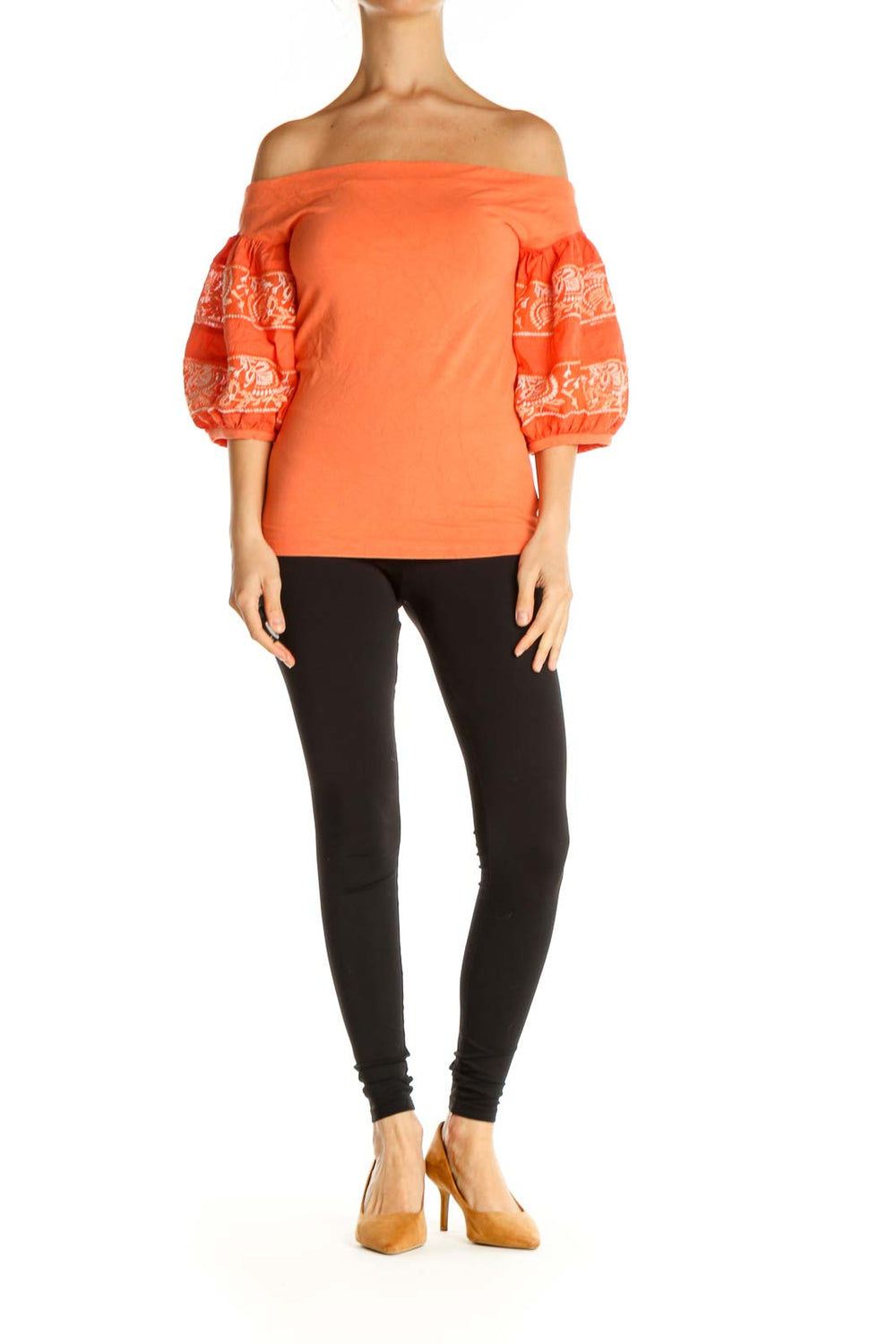 Front view of orange Free People off-shoulder top with embroidered sleeves