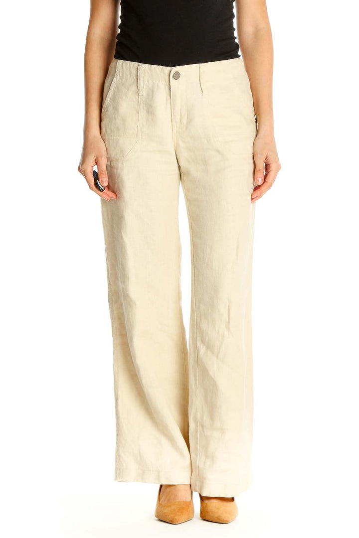 Beige Textured Casual Trousers