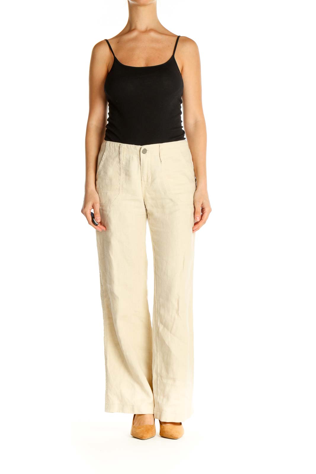 Beige Textured Casual Trousers