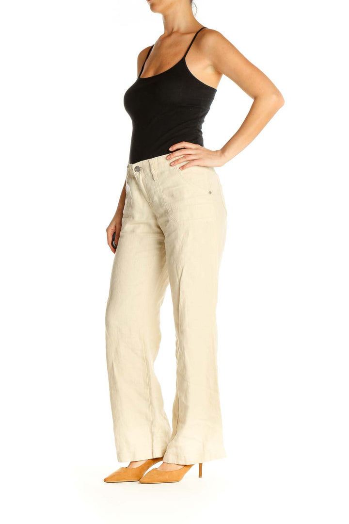 Beige Textured Casual Trousers