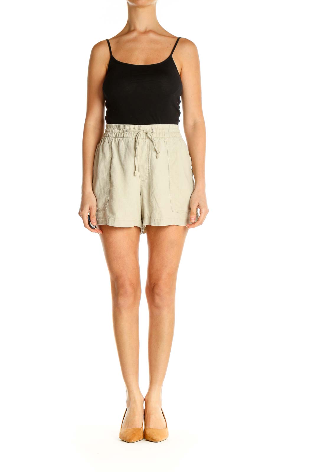 Beige Solid Casual Shorts