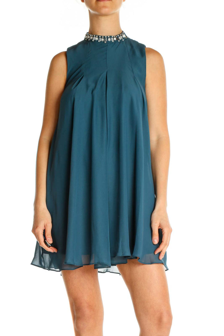 Blue Solid Holiday Fit & Flare Dress