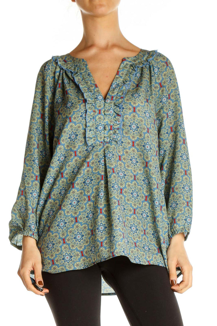 Green Geometric Print Retro Blouse