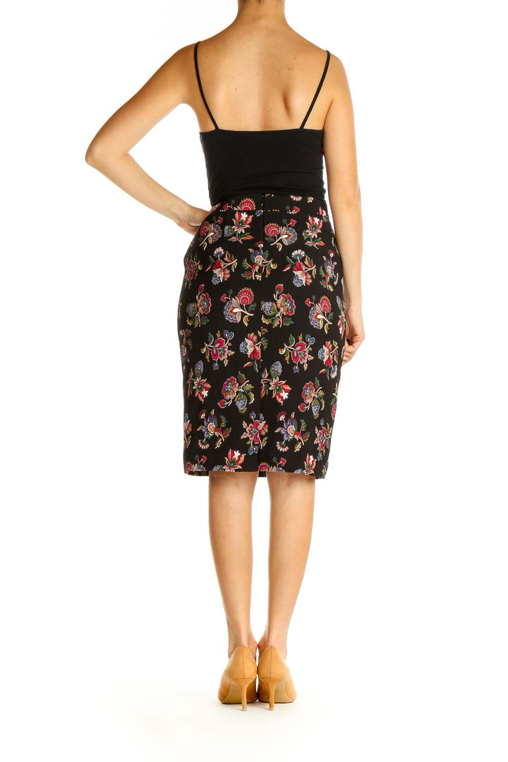 Black Floral Print Retro Pencil Skirt