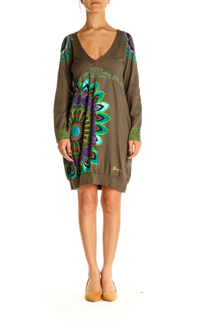 Brown Printed Holiday Sheath Dress