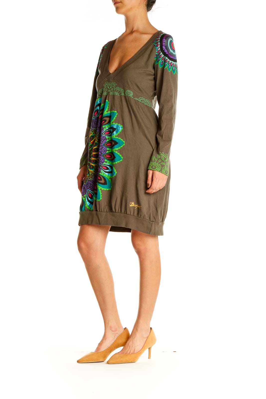 Brown Printed Holiday Sheath Dress