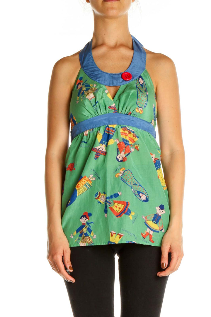 Green Object Print Casual Tank Top