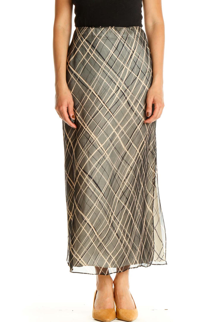 Gray Printed Holiday Silk A-Line Skirt