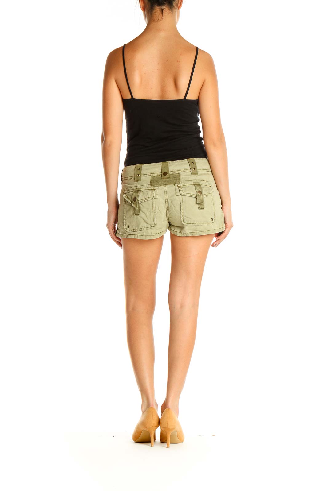 Back view of olive green utility shorts from Free People showing pocket details