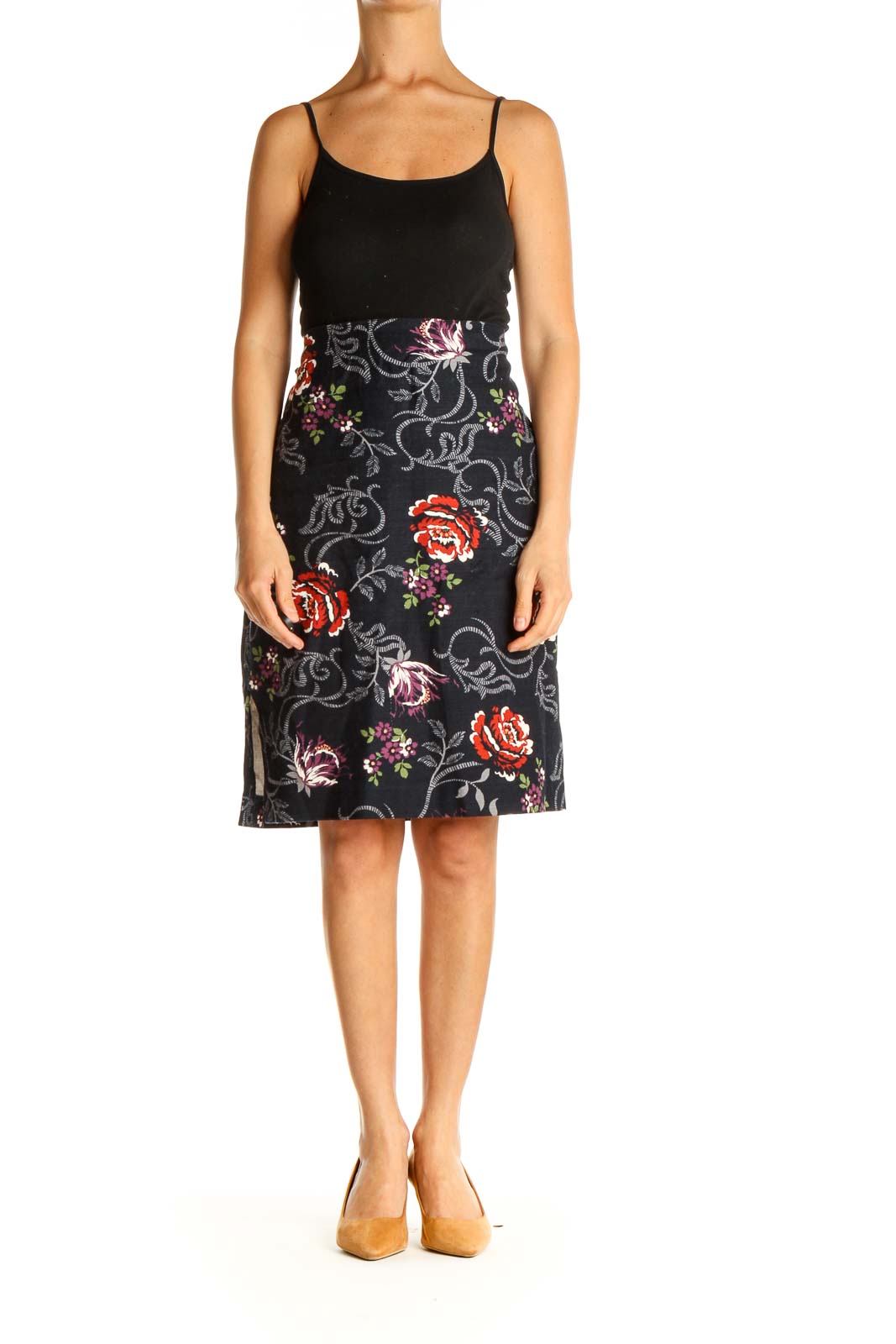 Black Floral Print Holiday A-Line Skirt