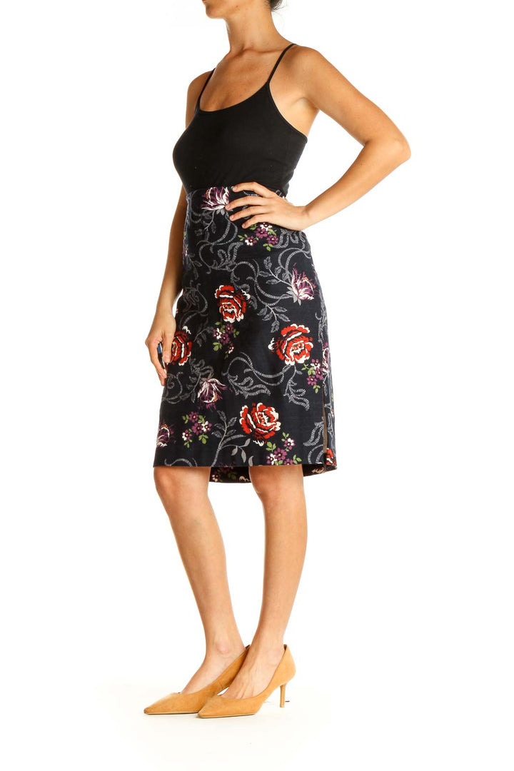 Black Floral Print Holiday A-Line Skirt