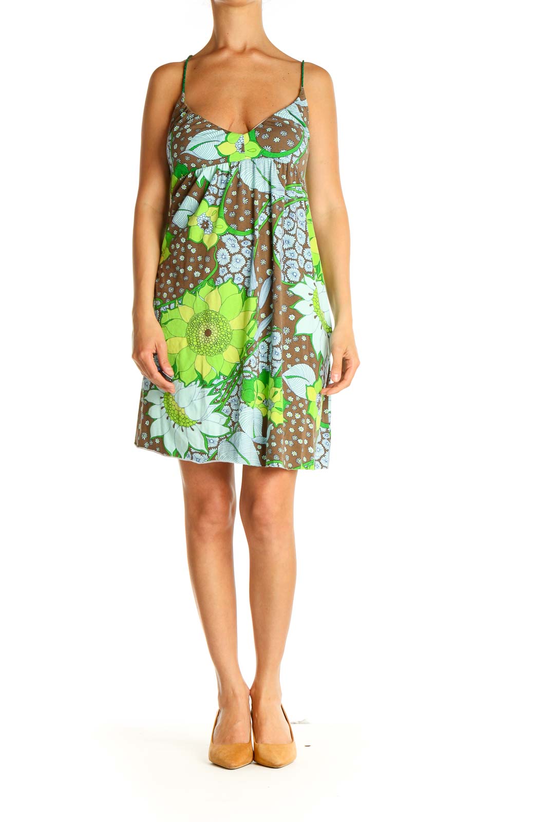 Front view of Free People green floral print sundress with spaghetti straps