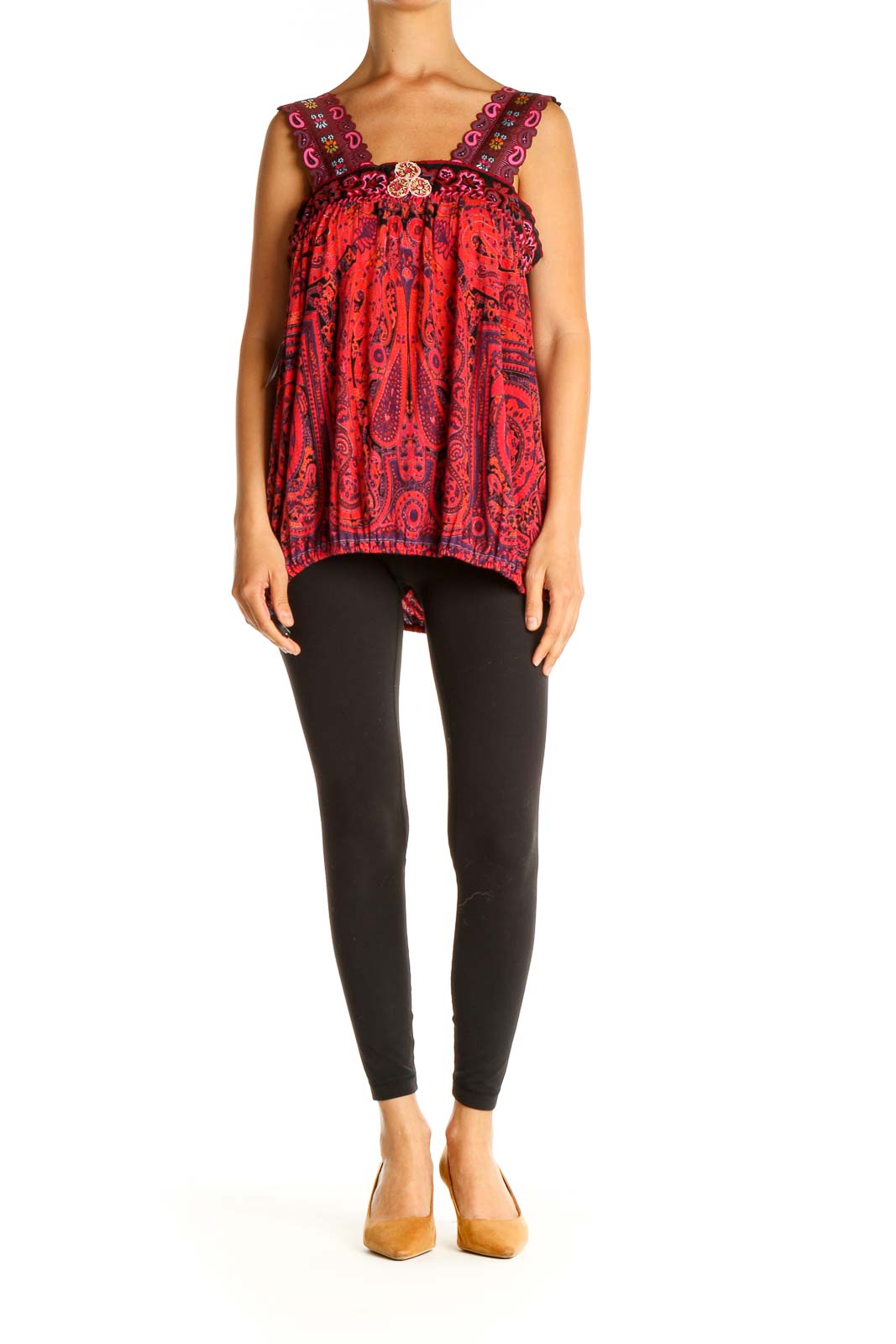 Front view of red paisley embellished tank top by Free People