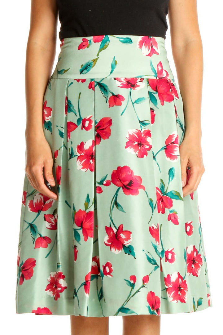 Green Floral Print Retro Flared Skirt