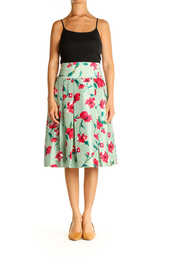 Green Floral Print Retro Flared Skirt