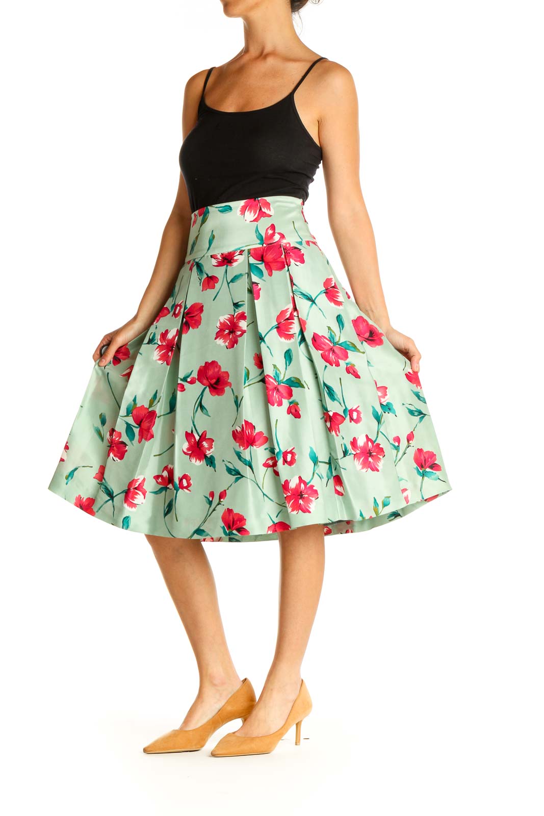 Green Floral Print Retro Flared Skirt