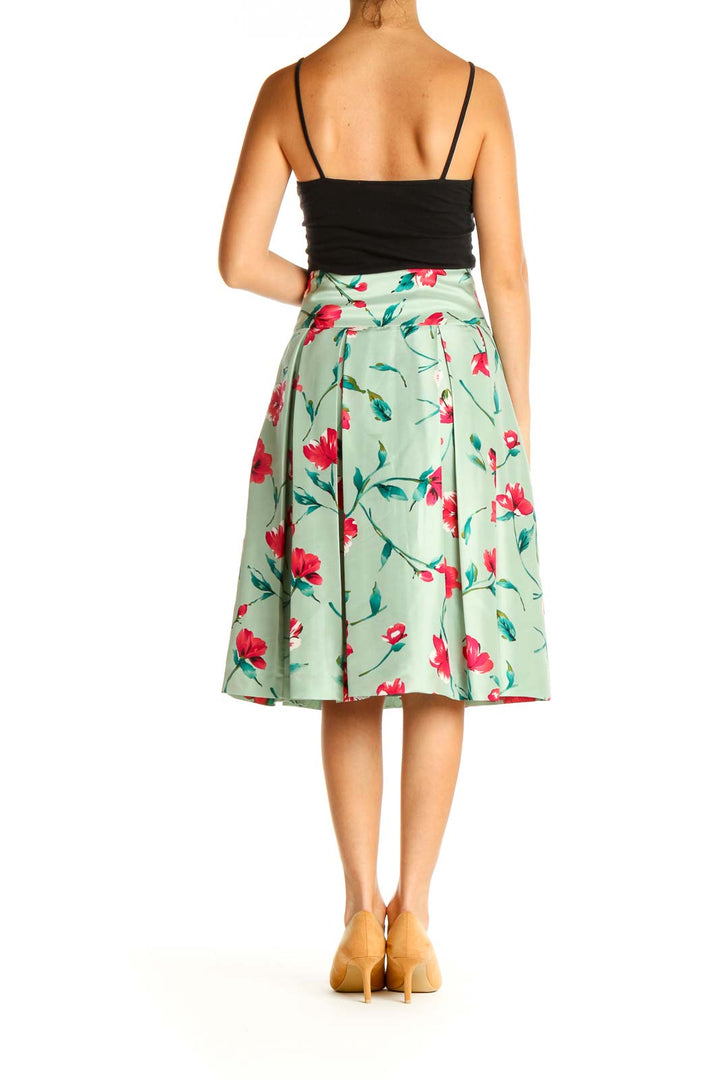 Green Floral Print Retro Flared Skirt