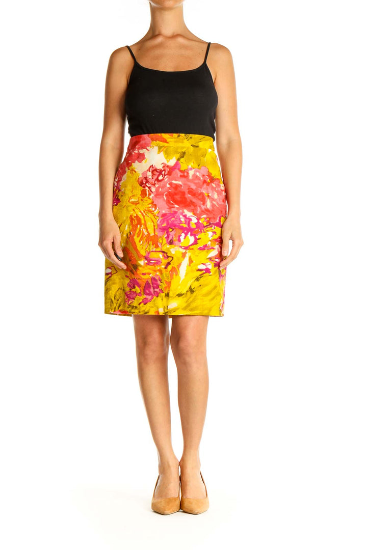 Yellow Floral Print Chic Pencil Skirt