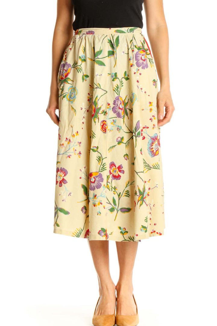 Yellow Floral Print Retro A-Line Skirt