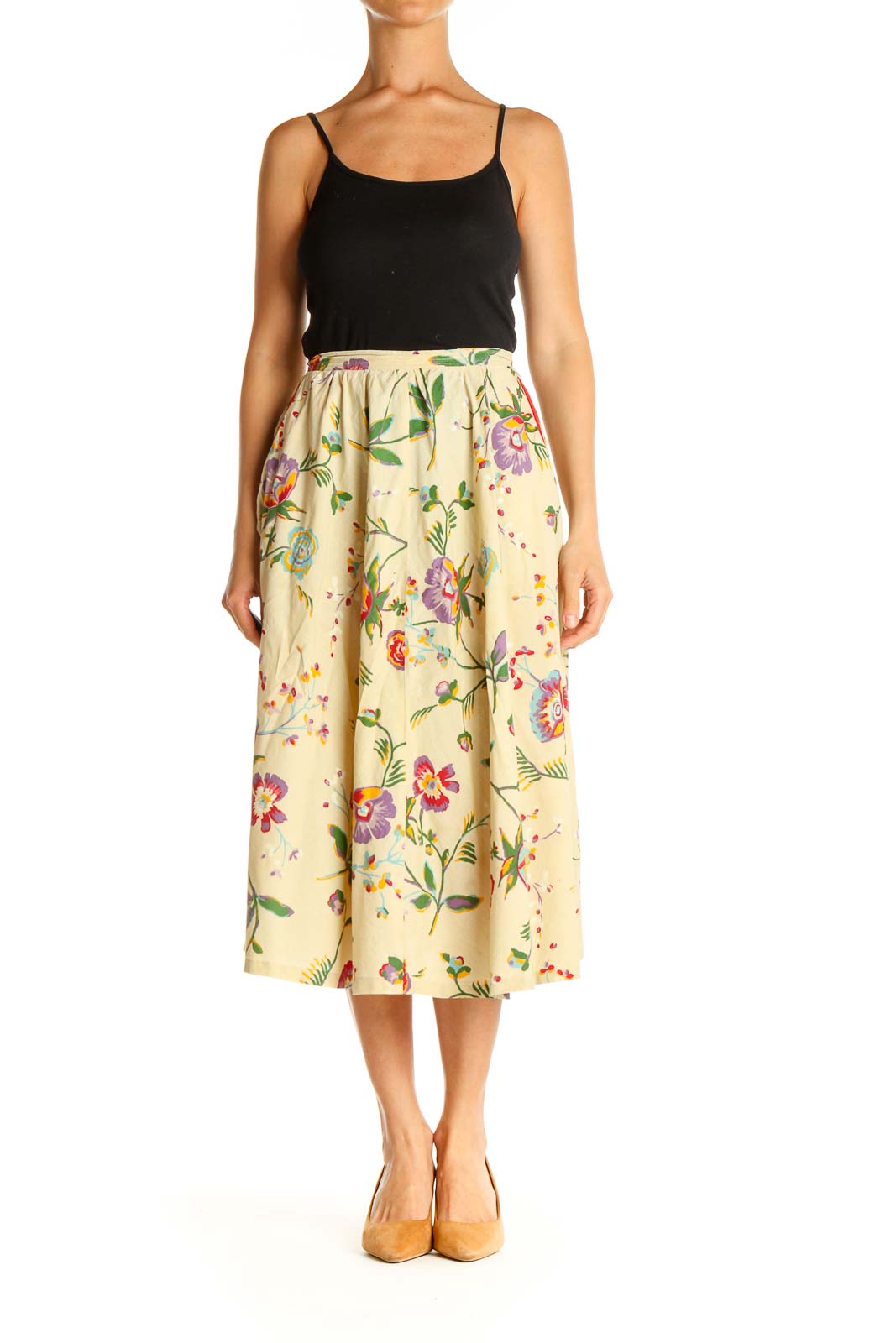 Yellow Floral Print Retro A-Line Skirt