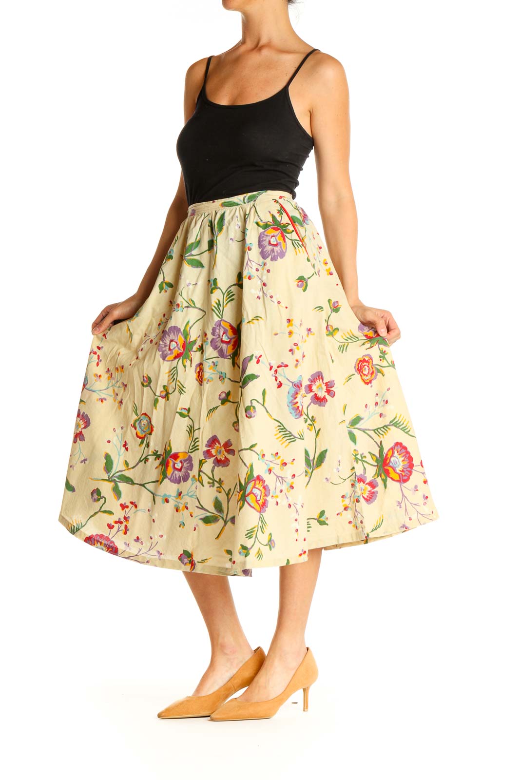 Yellow Floral Print Retro A-Line Skirt