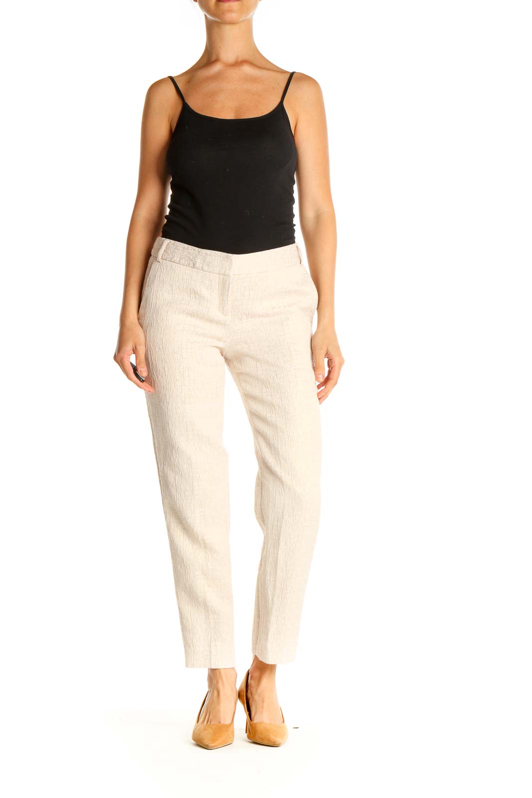 Beige Pink  Textured Casual Trousers