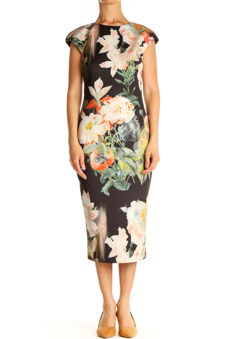 Black Floral Print Sheath Dress