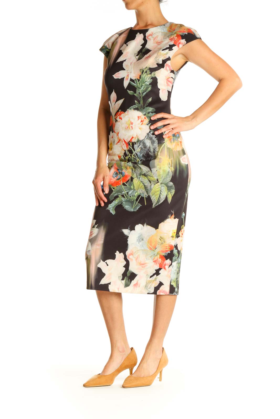 Black Floral Print Sheath Dress